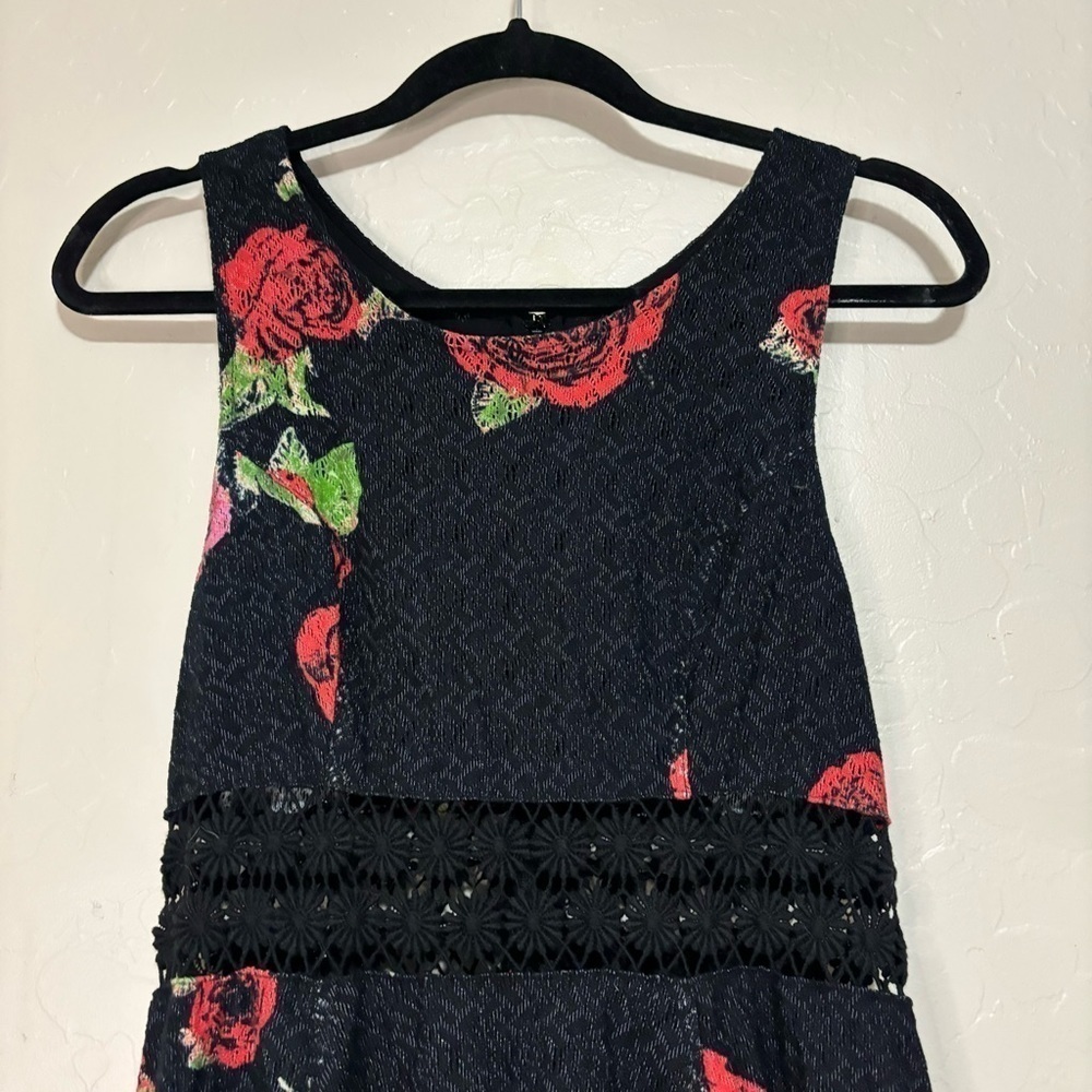 Free People Black Rose Print Fit and Flare Crocheted Daisy Cutout Waist Dress 4 - Picture 5 of 10